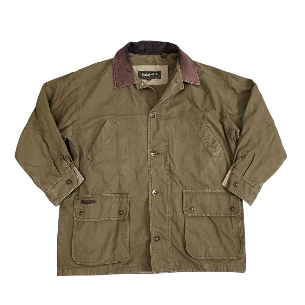 VTG Timberland Weathergear Field Jacket Men XL Green Leather Collar Barn Chore